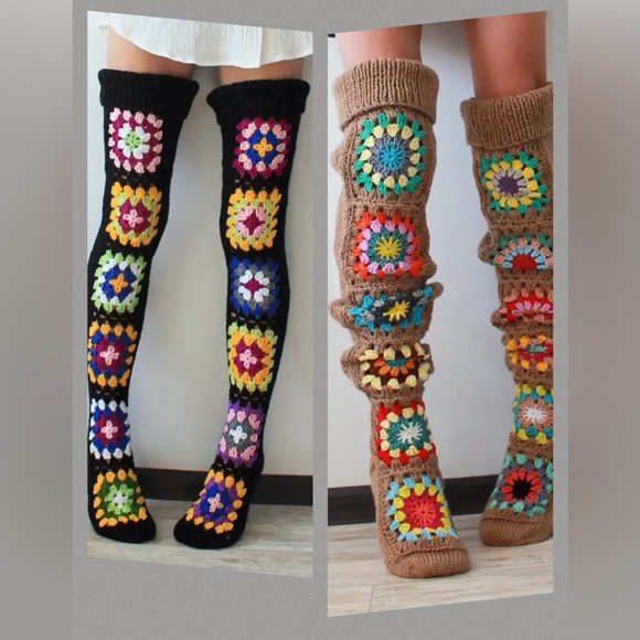 NEW! Granny Square Cozy Plush Thigh High Socks - Picture 2 of 5